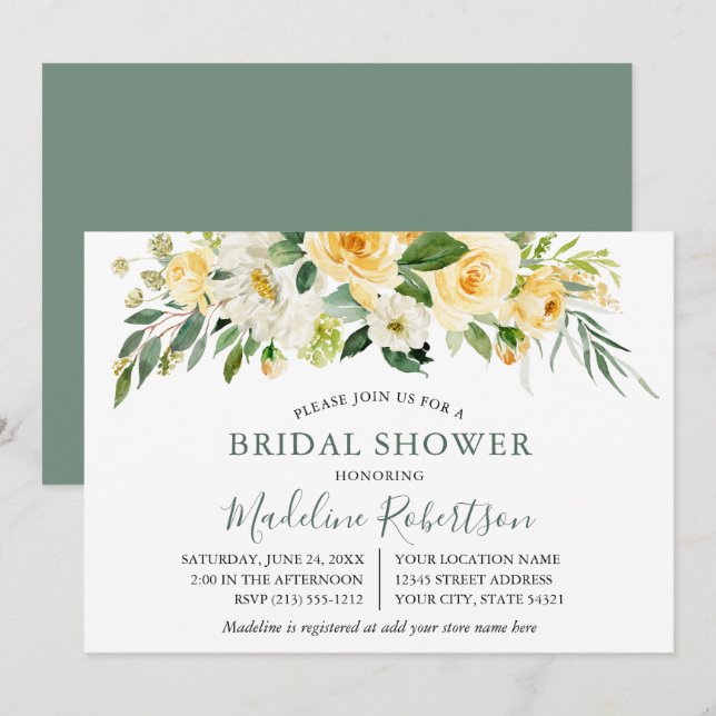 Watercolor Yellow Floral Sage Green Bridal Shower Invitation (Front/Back)