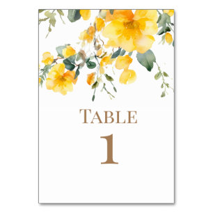 Watercolor Yellow Floral Wedding Gold Text Table Number