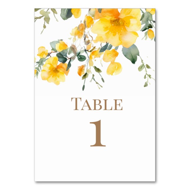 Watercolor Yellow Floral Wedding Gold Text Table Number (Front)