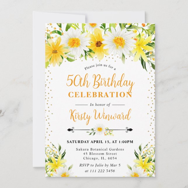Watercolor Yellow Flowers & Daisies 50th birthday Invitation (Front)