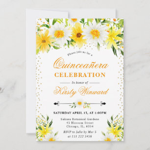 Watercolor Yellow Flowers & Daisies Quinceanera Invitation