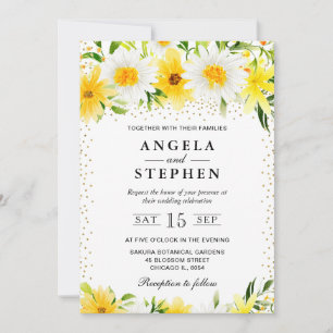 Watercolor Yellow Flowers & Daisies Wedding Invitation