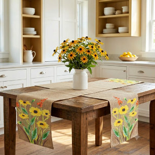 Watercolor Yellow Flowers on Burlap Short Table Runner