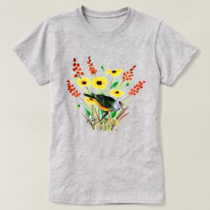 Watercolor Yellow Flowers with Bird Grey T-Shirt