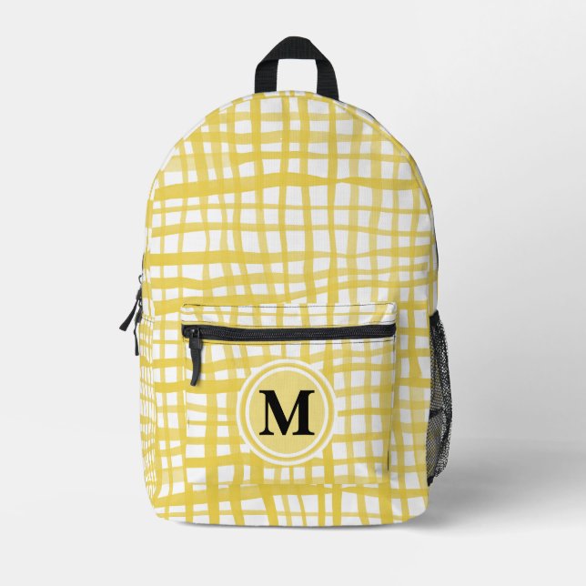 Watercolor yellow gingham monogram printed backpack (Front)