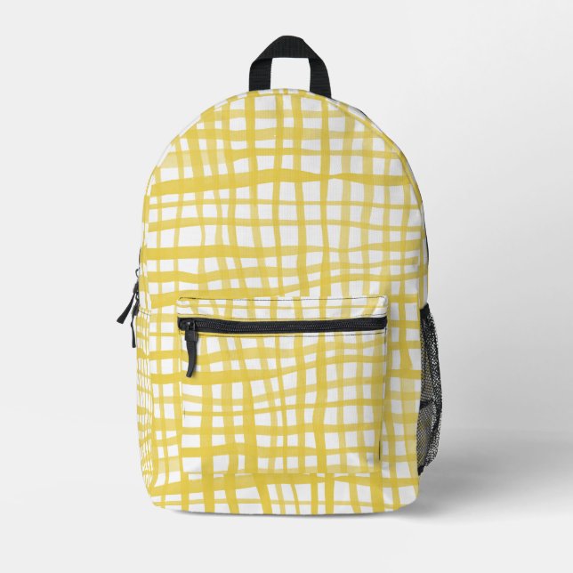 Watercolor yellow gingham pattern printed backpack (Front)