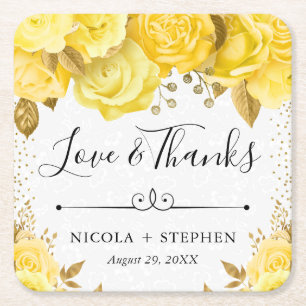 Watercolor Yellow Glam Roses Wedding Square Paper Coaster