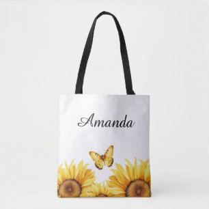 Watercolor Yellow Gold Butterfly Name Sunflower Tote Bag