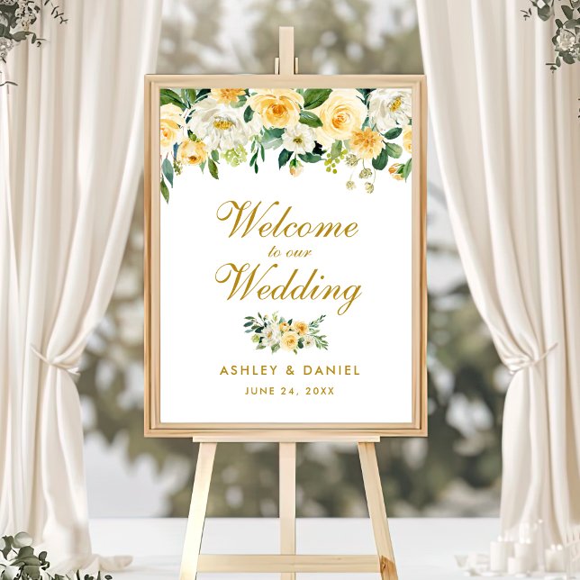 Watercolor Yellow Gold Floral Wedding Welcome Poster (Customize to change text color, text size, text style or size of poster.)