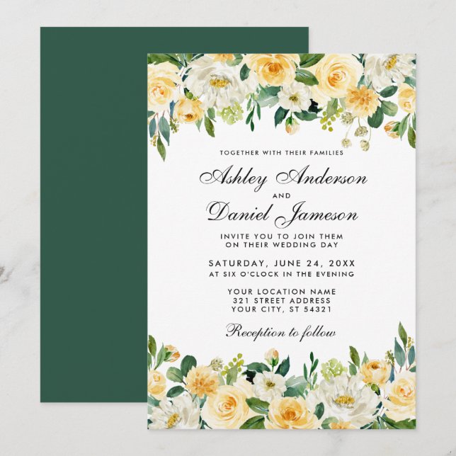 Watercolor Yellow Gold Green Wedding Elegant Invitation (Front/Back)