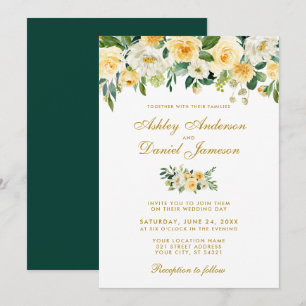 Watercolor Yellow Gold Hunter Green Wedding Invitation