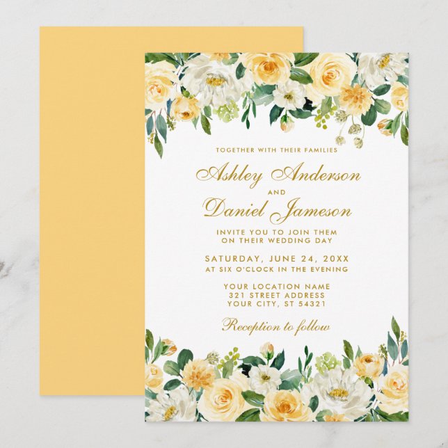 Watercolor Yellow Gold White Elegant Wedding Invitation (Front/Back)