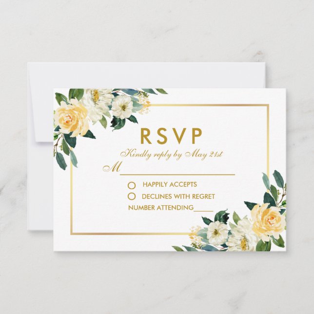 Watercolor Yellow Gold White Floral Wedding RSVP (Front)