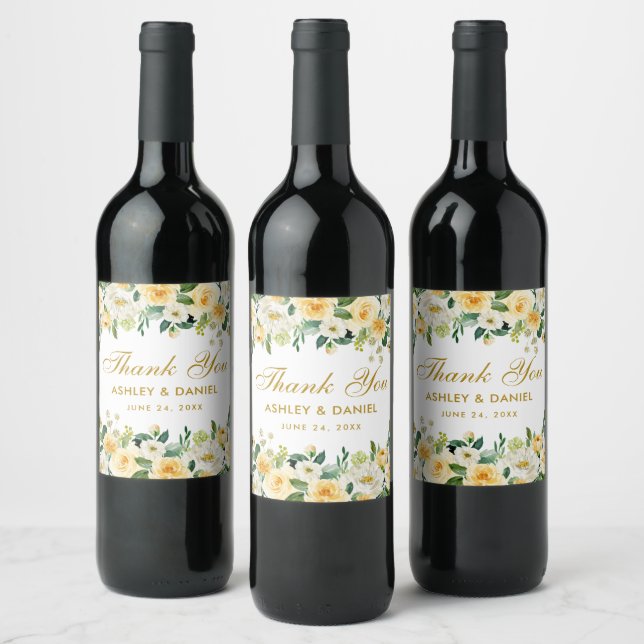 Watercolor Yellow Gold White Floral Wedding Wine Label (Bottles)