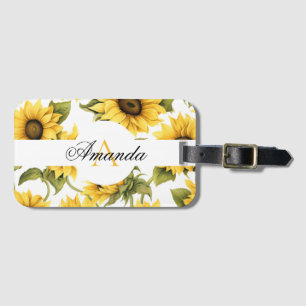 Watercolor Yellow & Green Sunflower Monogramed Luggage Tag