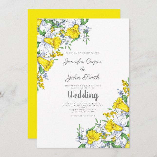 Watercolor Yellow Grey Floral Wedding  Invitation (Front/Back)
