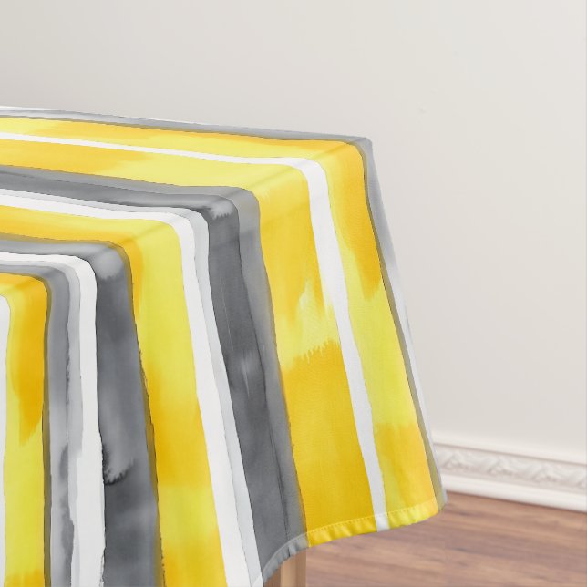 Watercolor Yellow Grey White Striped  Tablecloth (In Situ)