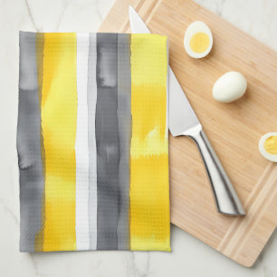 Watercolor Yellow Grey White Striped  Tea Towel