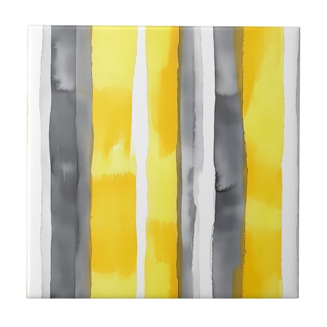Watercolor Yellow Grey White Striped  Tile (Front)