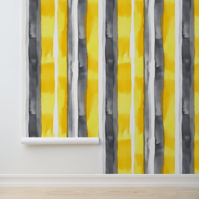 Watercolor Yellow Grey White Striped  Wallpaper (Application)