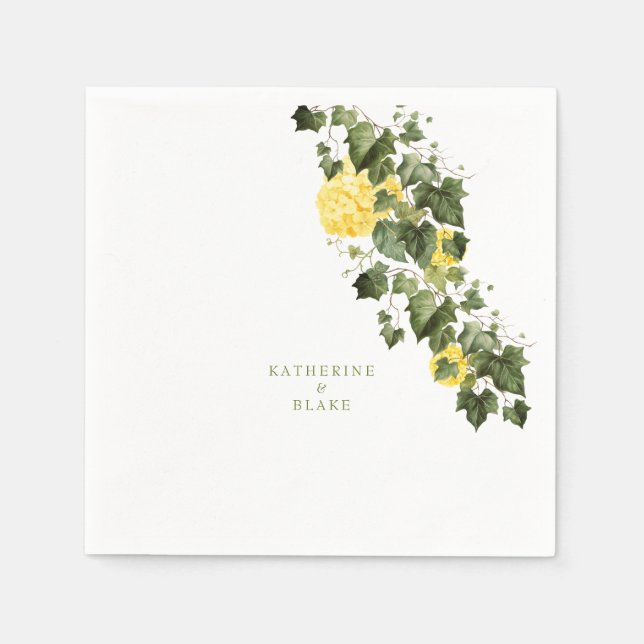 Watercolor Yellow Hydrangeas Names Wedding  Napkin (Front)
