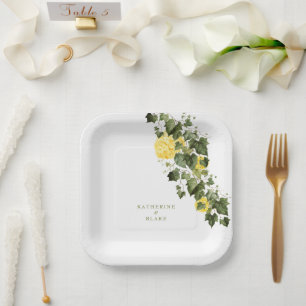 Watercolor Yellow Hydrangeas Names Wedding Paper Plate