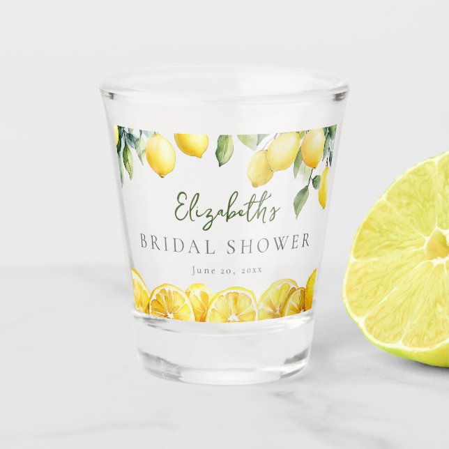 Watercolor Yellow Lemon Citrus Bridal Shower Shot Glass (Front)
