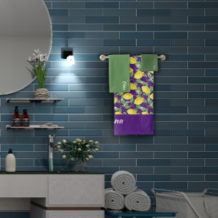 Watercolor yellow lemon green pattern  name bath towel set