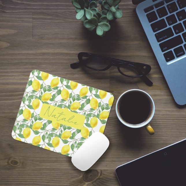 Watercolor yellow lemon pattern name mouse pad (Creator Uploaded)