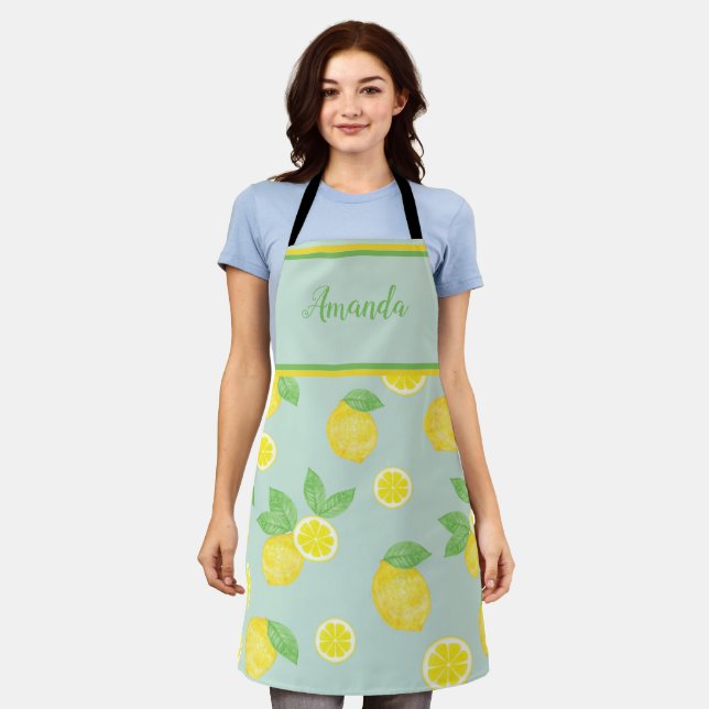 Watercolor yellow lemon pattern personalised apron (Worn)