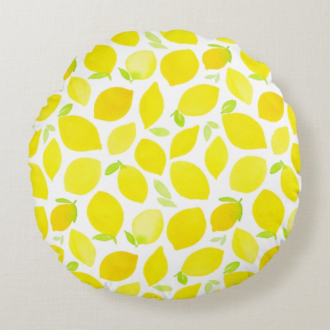 Watercolor Yellow Lemon Pattern Summer Round Cushion (Front)