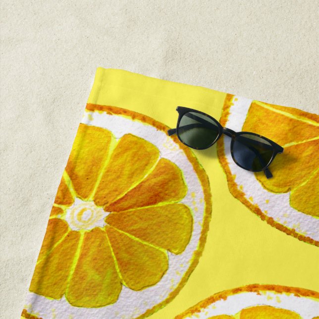 Watercolor yellow lemon slice art beach style beach towel (In Situ)