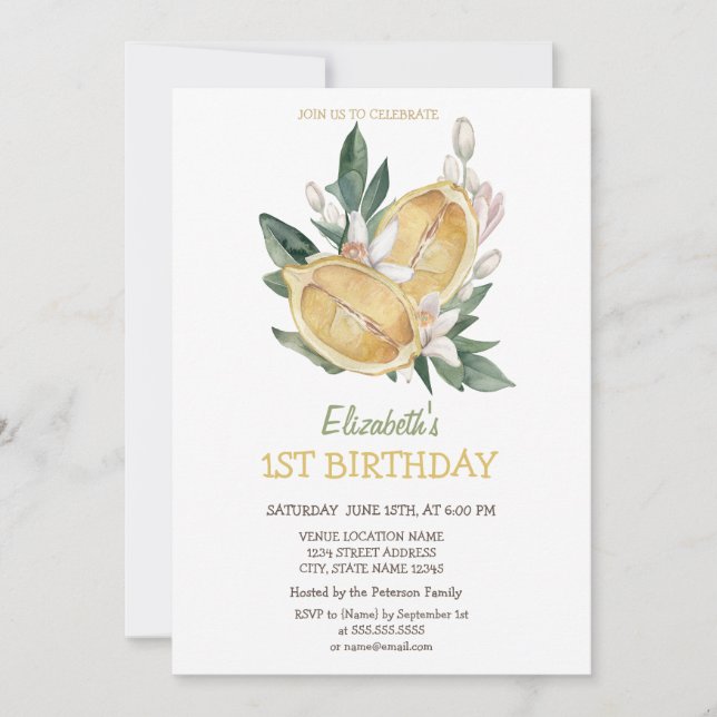 Watercolor Yellow Lemons Botanical Invitation (Front)
