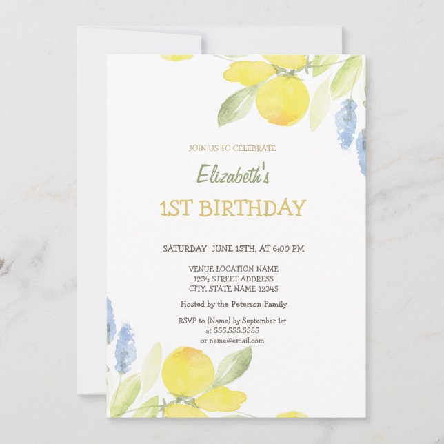 Watercolor Yellow Lemons Flowers Birthday  Invitation (Front)