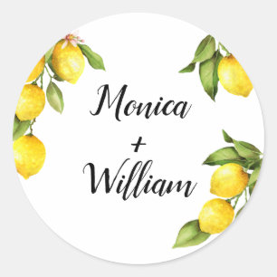 Watercolor Yellow Lemons with Greenery & Names Classic Round Sticker