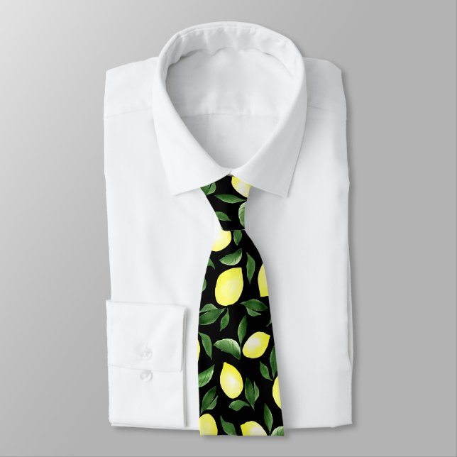 Watercolor Yellow Lemons with Leaves Black Tie (Tied)