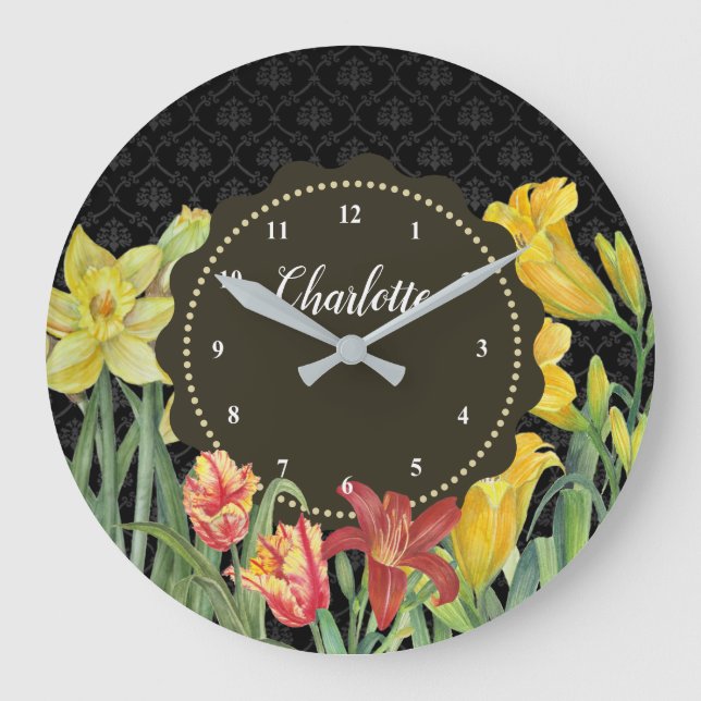 Watercolor Yellow Orange Spring Flowers Damask Large Clock (Front)