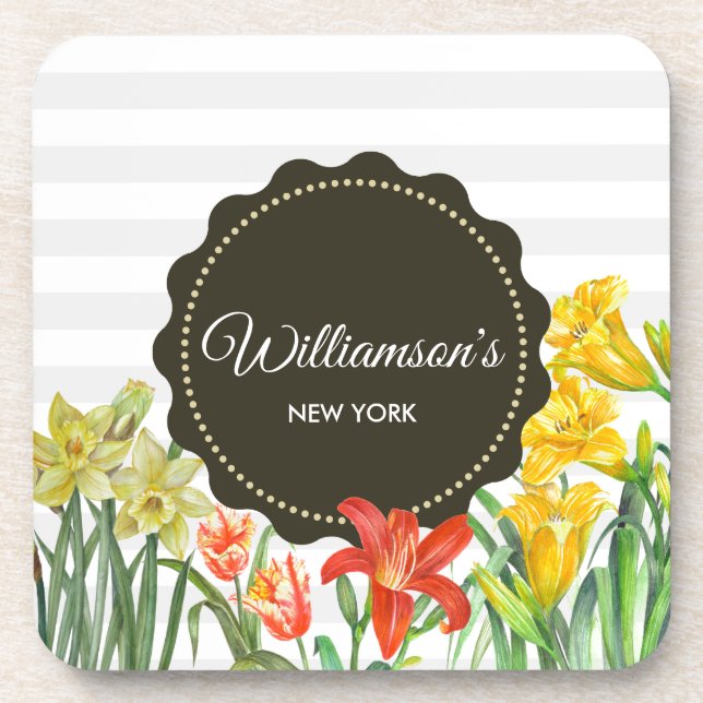 Watercolor Yellow Orange Spring Flowers Design Coaster (Front)