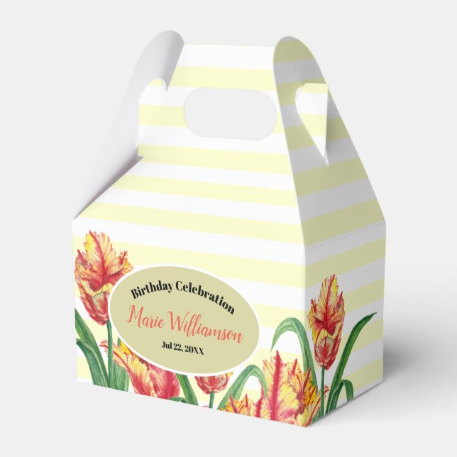 Watercolor Yellow Parrot Tulip Beige White Stripes Favour Box (Front Side)