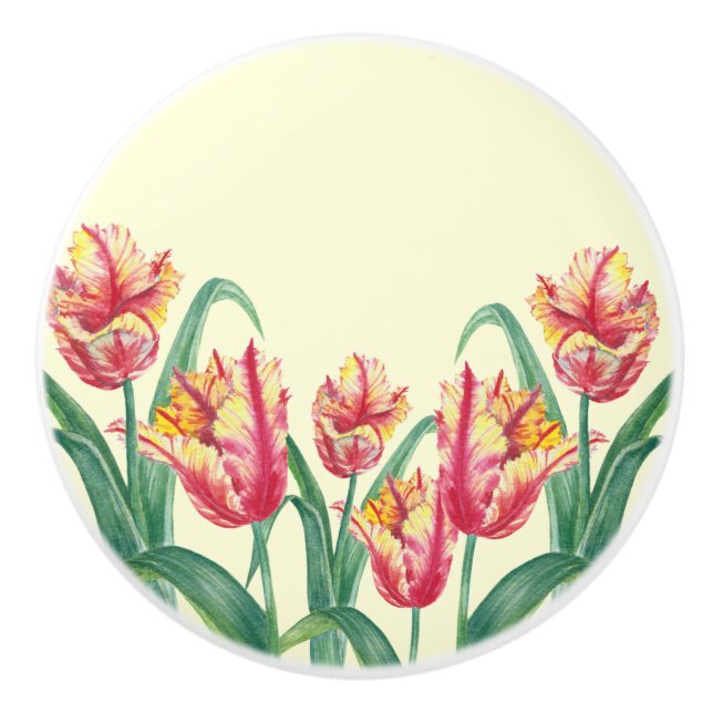 Watercolor Yellow Parrot Tulip Floral Illustration Ceramic Knob (Front)
