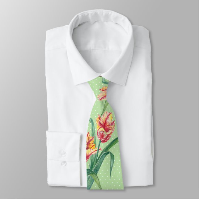 Watercolor Yellow Parrot Tulip Floral Illustration Tie (Tied)