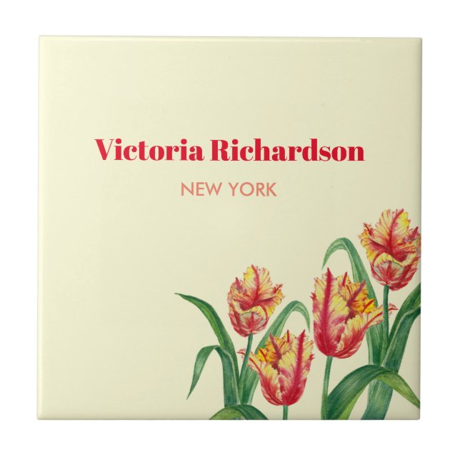 Watercolor Yellow Parrot Tulips Floral Art Tile (Front)