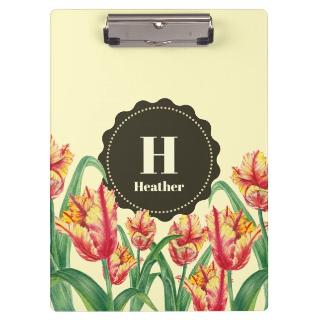 Watercolor Yellow Parrot Tulips Floral Monogram Clipboard (Front)