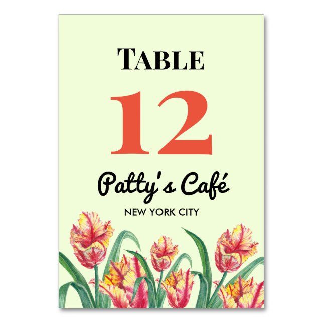 Watercolor Yellow Parrot Tulips Illustration Cafe Table Number (Back)