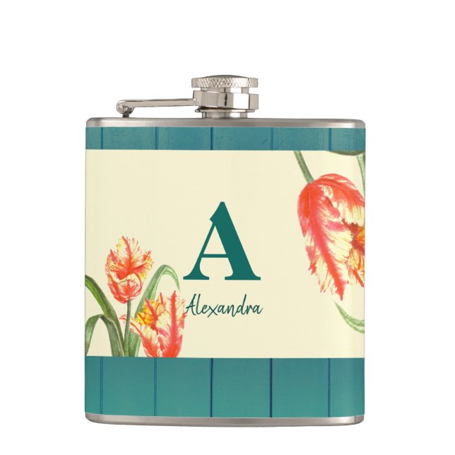 Watercolor Yellow Parrot Tulips Illustration Hip Flask (Front)