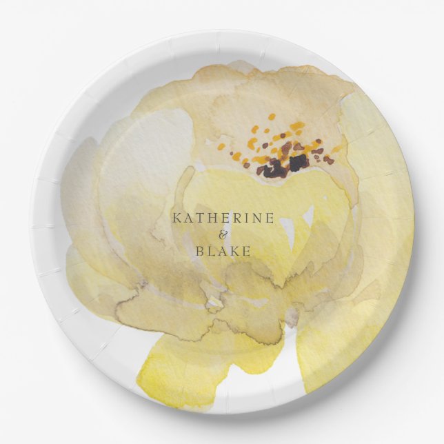 Watercolor Yellow Peony Names Wedding Paper Plate (Front)