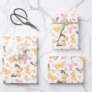 Watercolor Yellow & Pink Butterflies Pattern Wrapping Paper Sheet