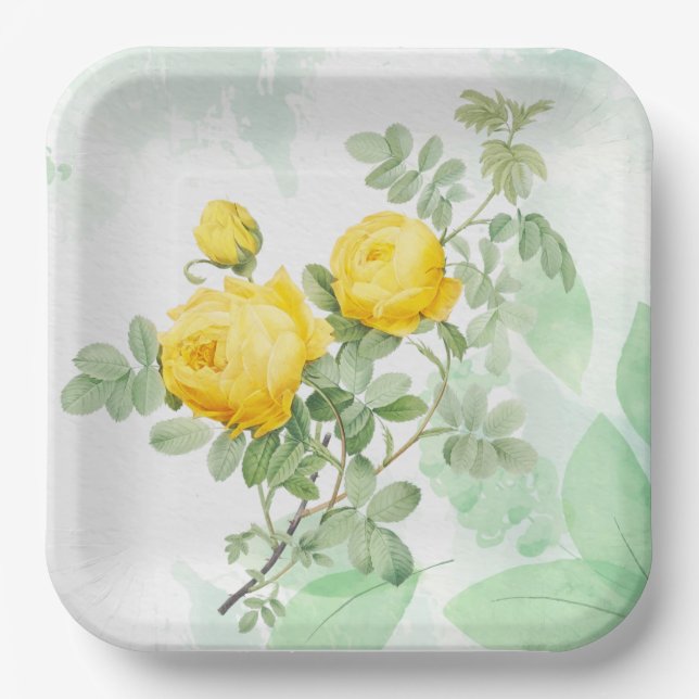 Watercolor Yellow Rose Garden Flower Nature Art Paper Plate (Front)