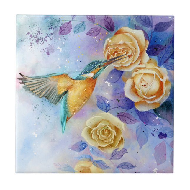 Watercolor Yellow Roses Bird and Bloom Art Tile (Front)