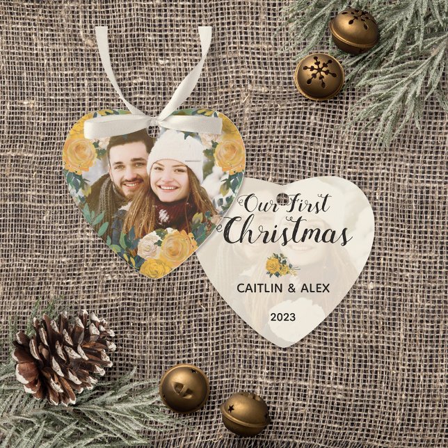 Watercolor Yellow Roses Couple Photo Christmas Ornament (Elegant Romantic First Christmas Dated Keepsake Ornament)